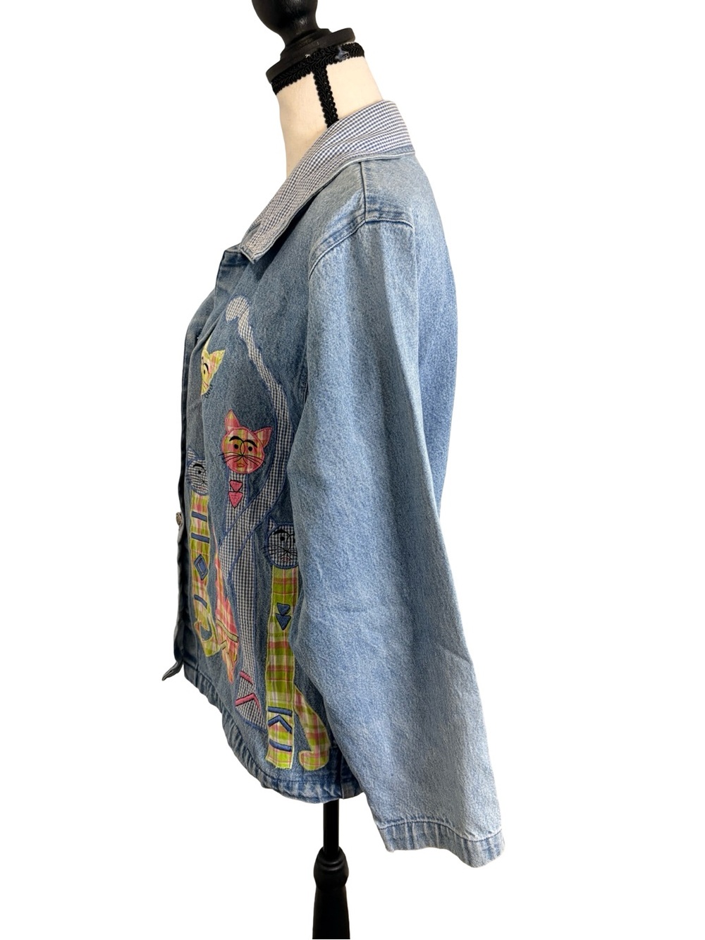 Vintage Tantrums Cat Appliqué Denim Jacket Large Artsy Quilted Patchwork - Picture 5 of 12